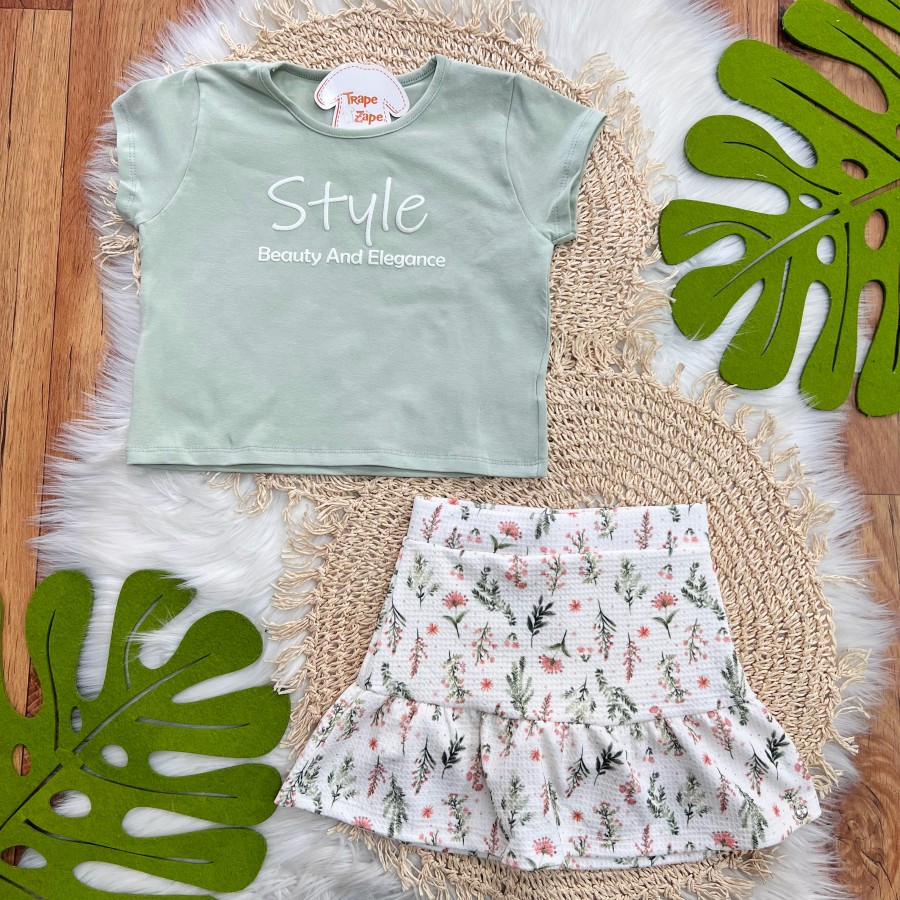 Conj. Blusa Style e Short Saia Floral - Verde